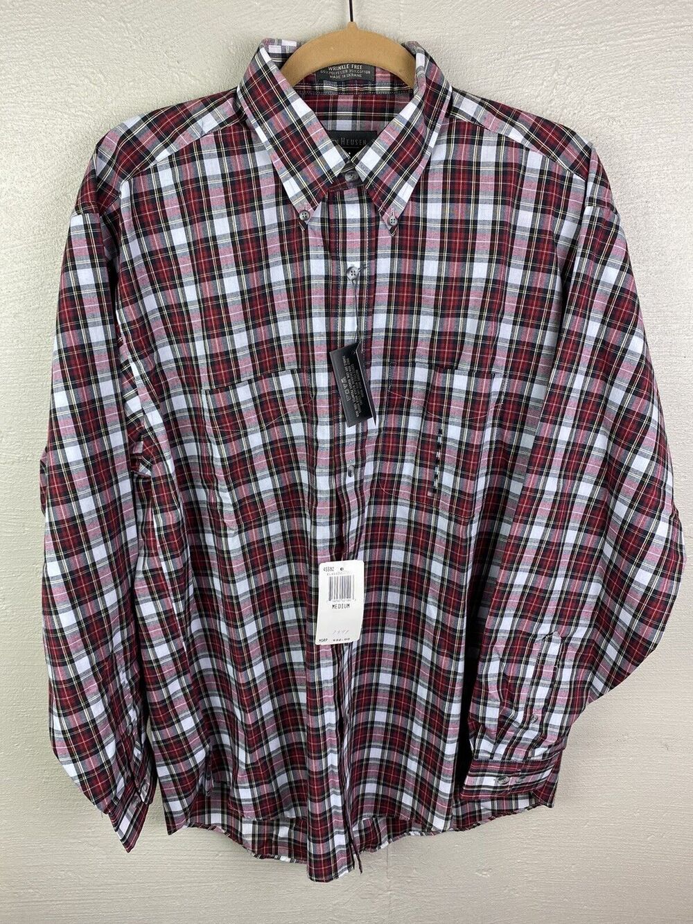 NWT Van Heusen Men’s Red, Black, White Plaid Button Up Shirt Size Medium 15-15.5